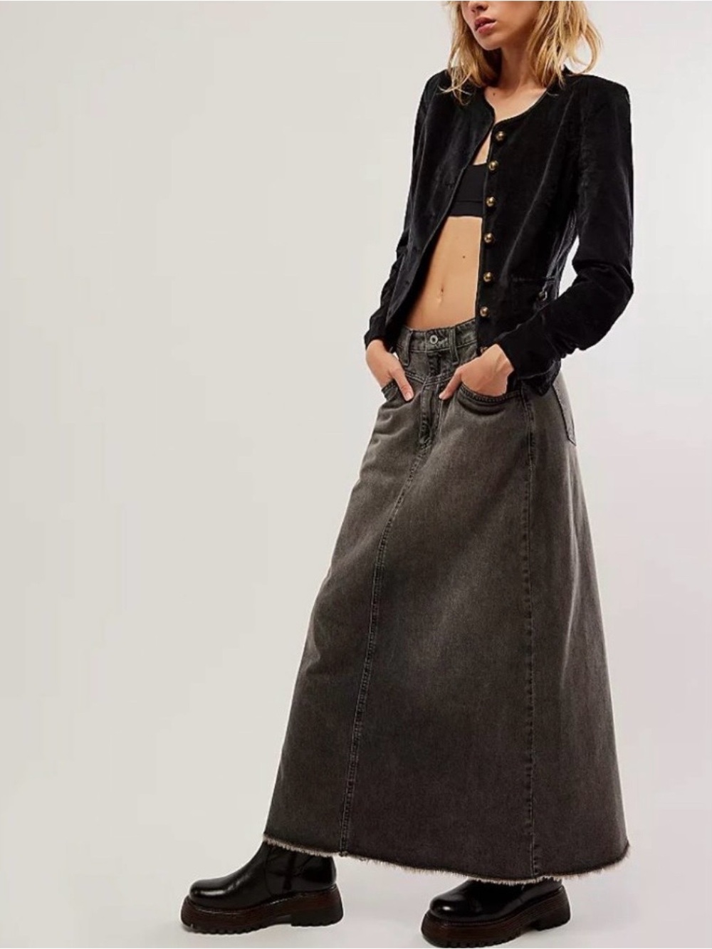 Free People Becky Jacket Black Velvet Button-Front Blazer with Gold Buttons XS - Picture 13 of 13